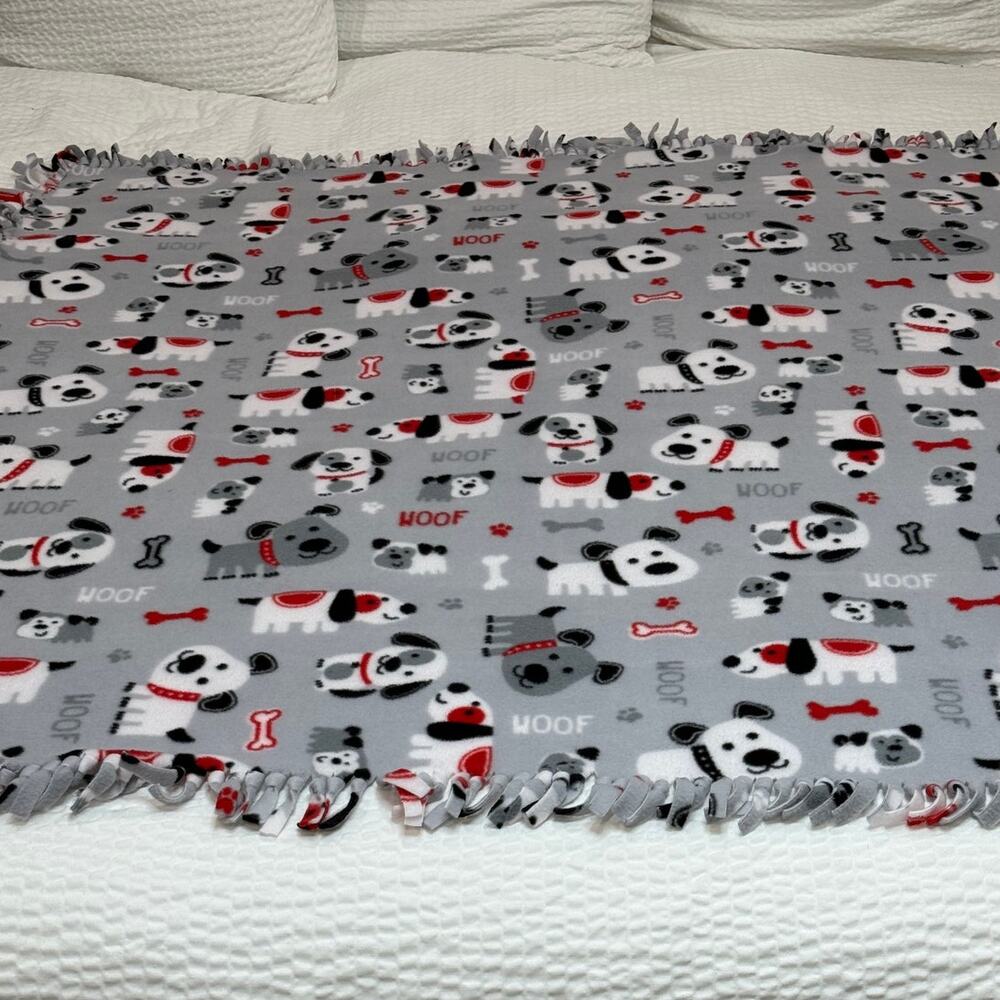 HANDMADE Dog Puppy Fleece Tie Blanket Gray Woof Paw Print Throw Pet Lover 54x52